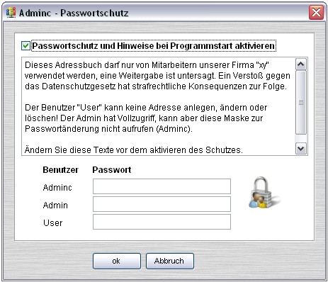 Adressbuch Optionen Passwortschutz